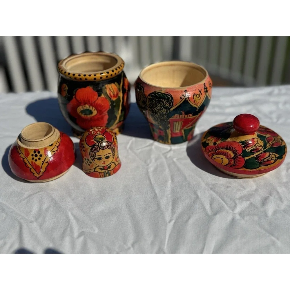Soviet Russian Easter Wooden Spice Condiment Shaker Jar Set Matryoshka XB VTG